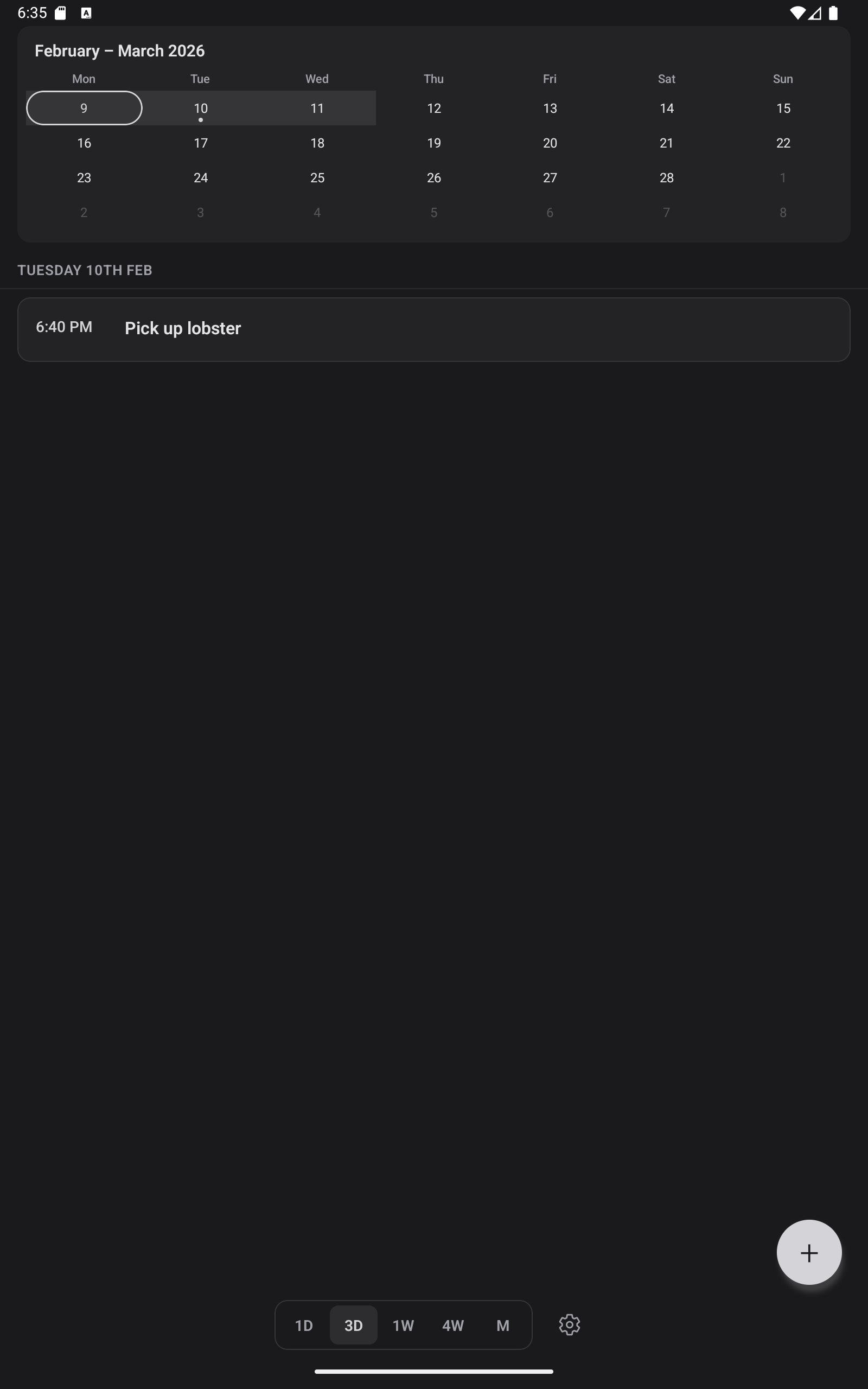 Timeline view with calendar minimap and active reminder
