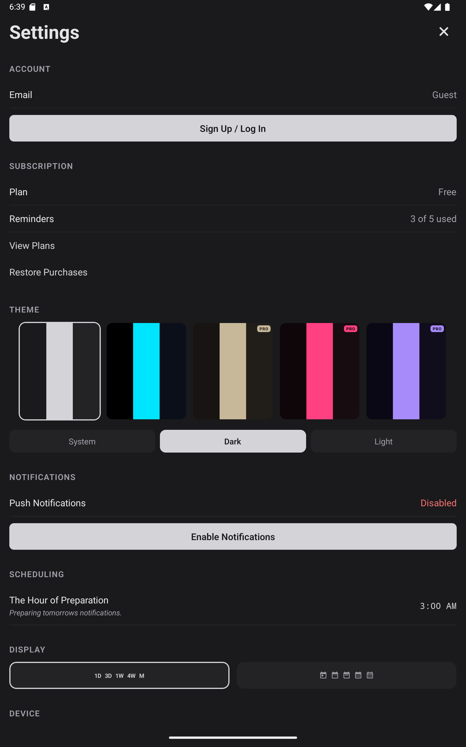 Settings screen showing theme selection, subscription status, and usage at 3 of 5 reminders