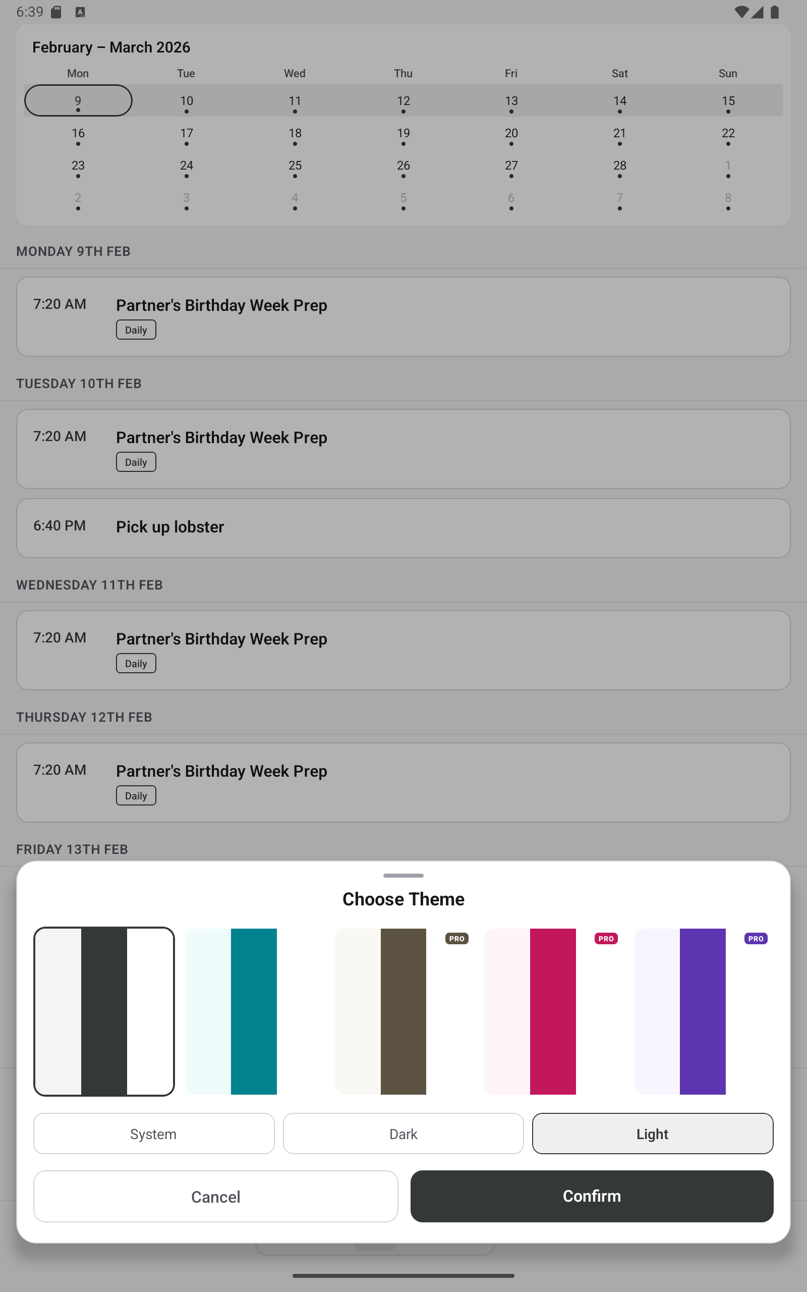 Timeline month view with reminders and theme picker in light mode