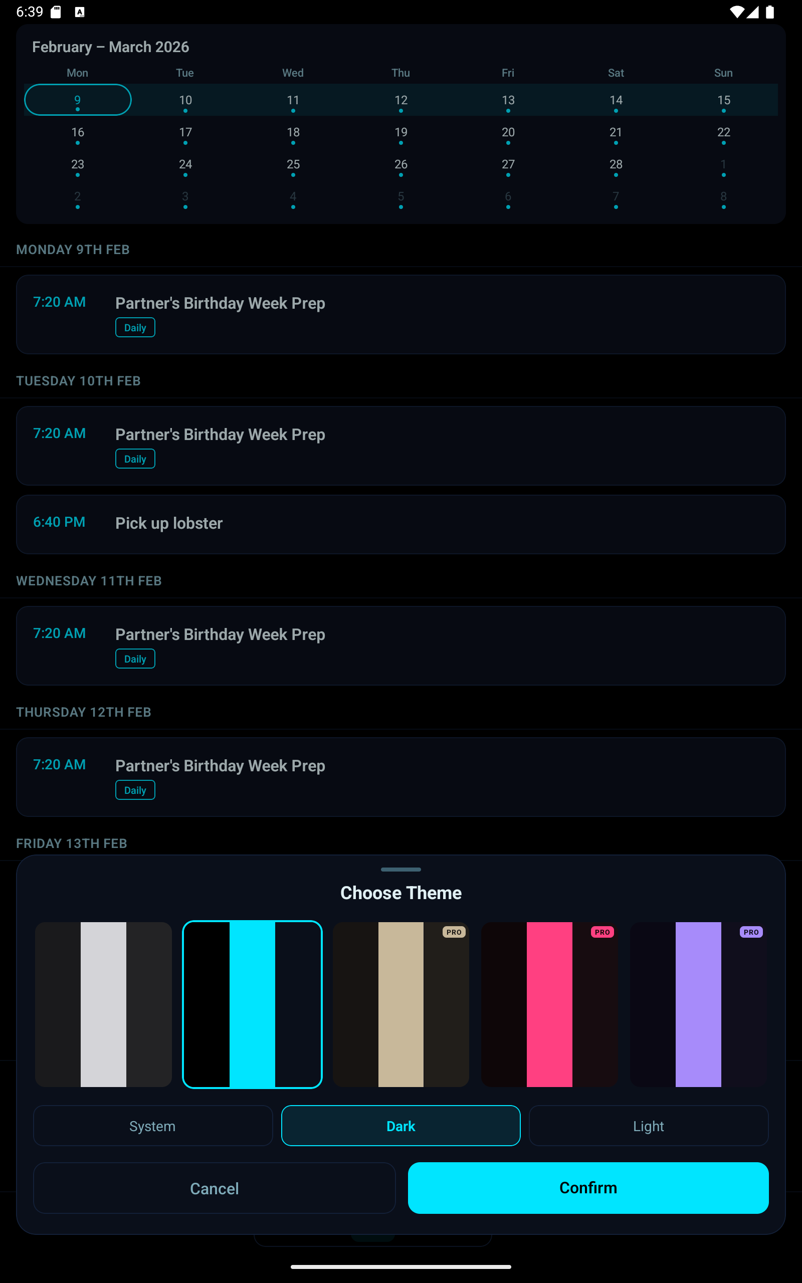 Timeline view with neon cyan theme and theme picker on dark background