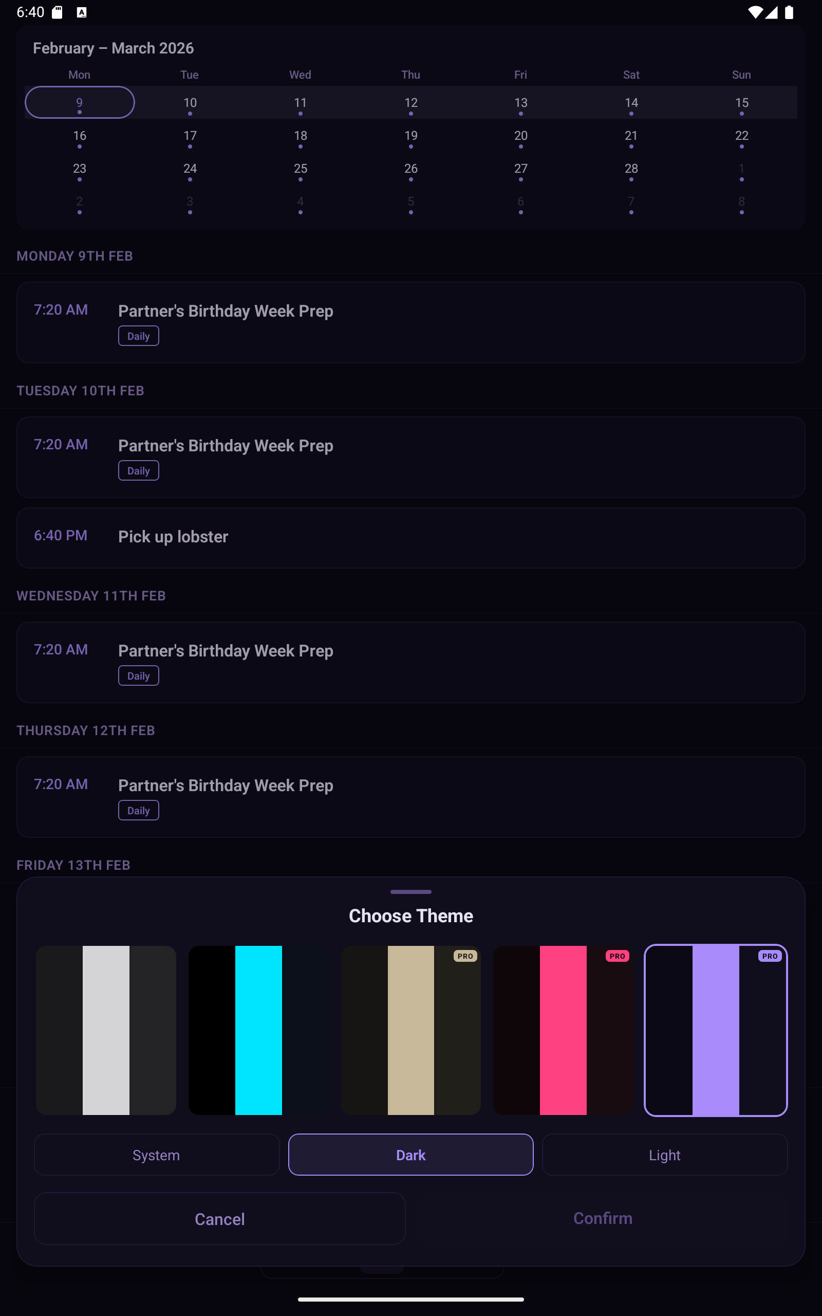Timeline view with majestic purple theme applied